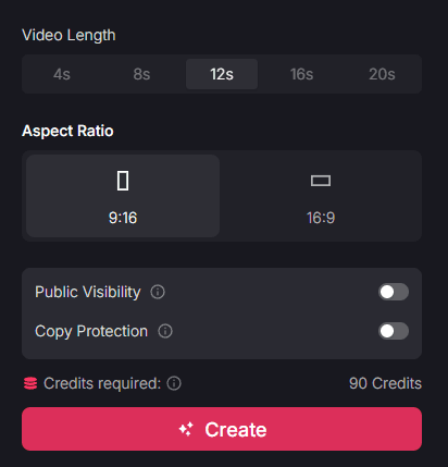 AI video creation settings interface with extended video length options (4s, 8s, 12s, 16s, 20s), 9:16 aspect ratio selected, public visibility and copy protection toggles enabled, showing 90 credits required