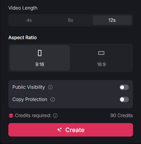 AI video creation settings interface showing options for 12-second video length, 9:16 aspect ratio, public visibility toggle, copy protection toggle, and 90 credits required