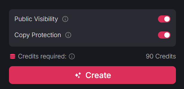 Video generation interface showing visibility settings and create button