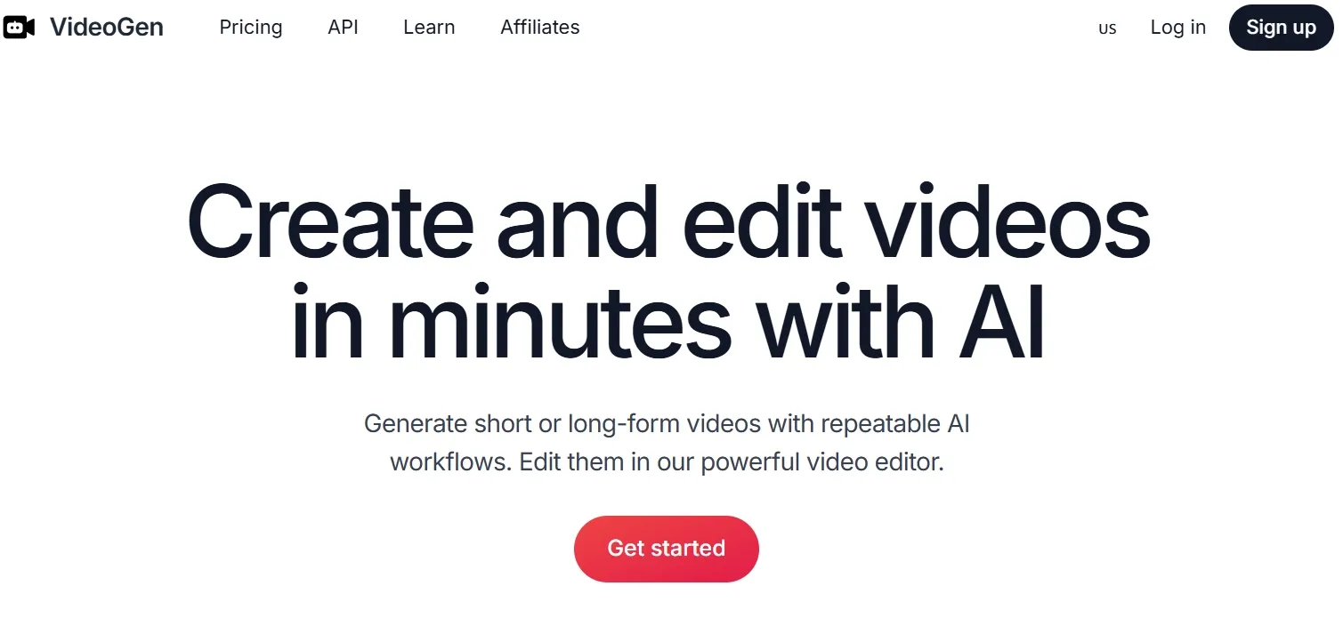 VideoGen homepage for creating and editing videos with AI