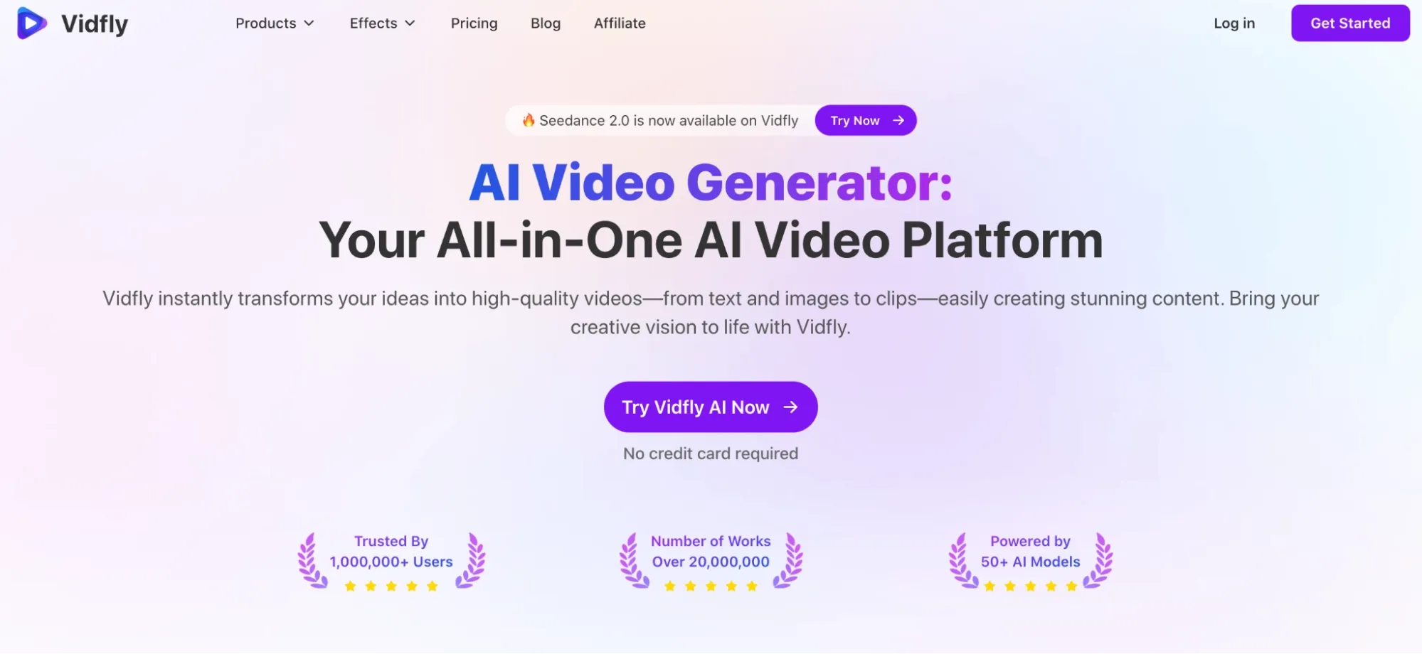 Vidfly landing page for all-in-one AI video generation platform