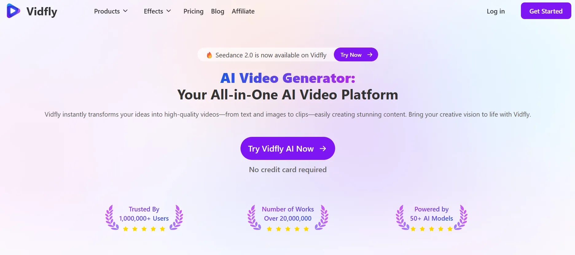 Vidfly homepage showing an AI video generator and call-to-action button