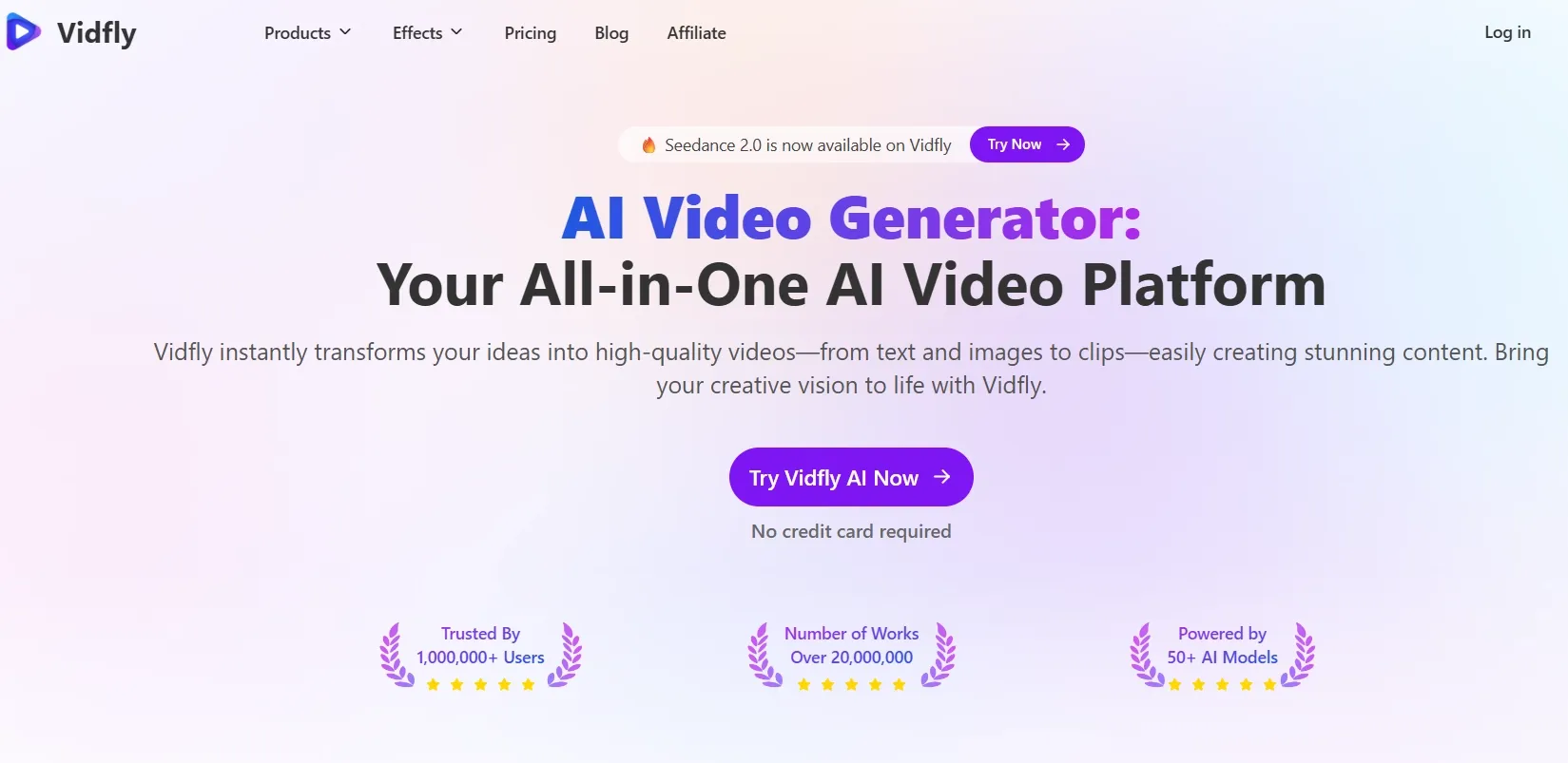 Vidfly homepage promoting all-in-one AI video generator for creators