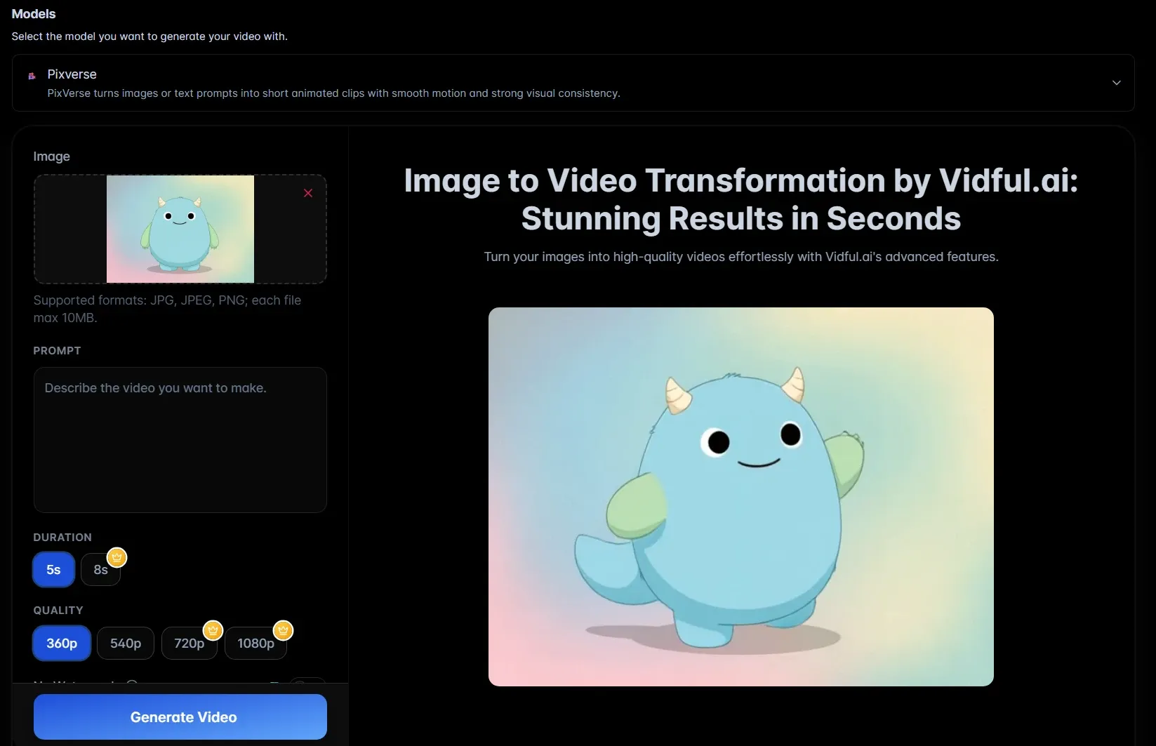 Vidful.ai Pixverse model interface for converting cartoon images to animated videos