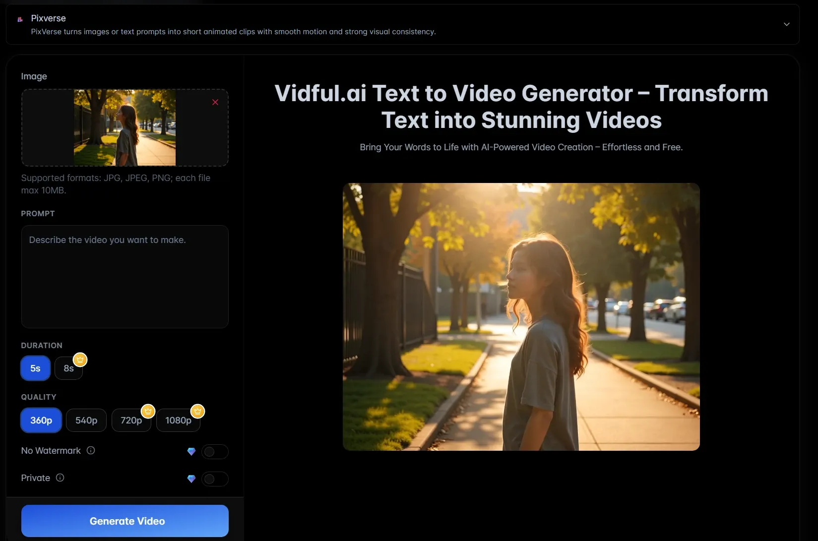 Vidful.ai Pixverse image-to-video generator interface with image upload, prompt input, duration, and resolution settings