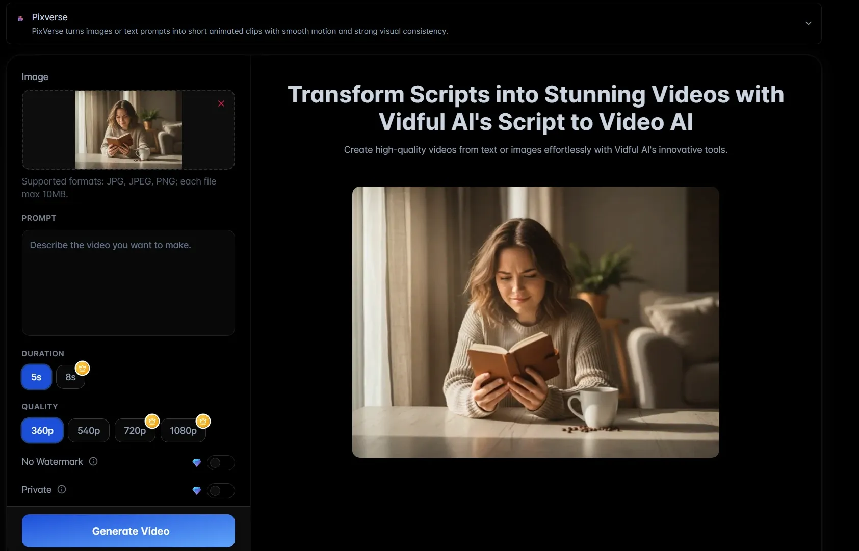 Vidful.ai script-to-video generator interface using Pixverse model with image upload and video parameter settings