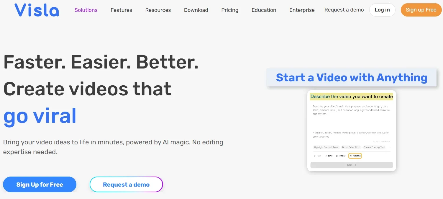 Visla homepage promoting fast AI video creation for viral content