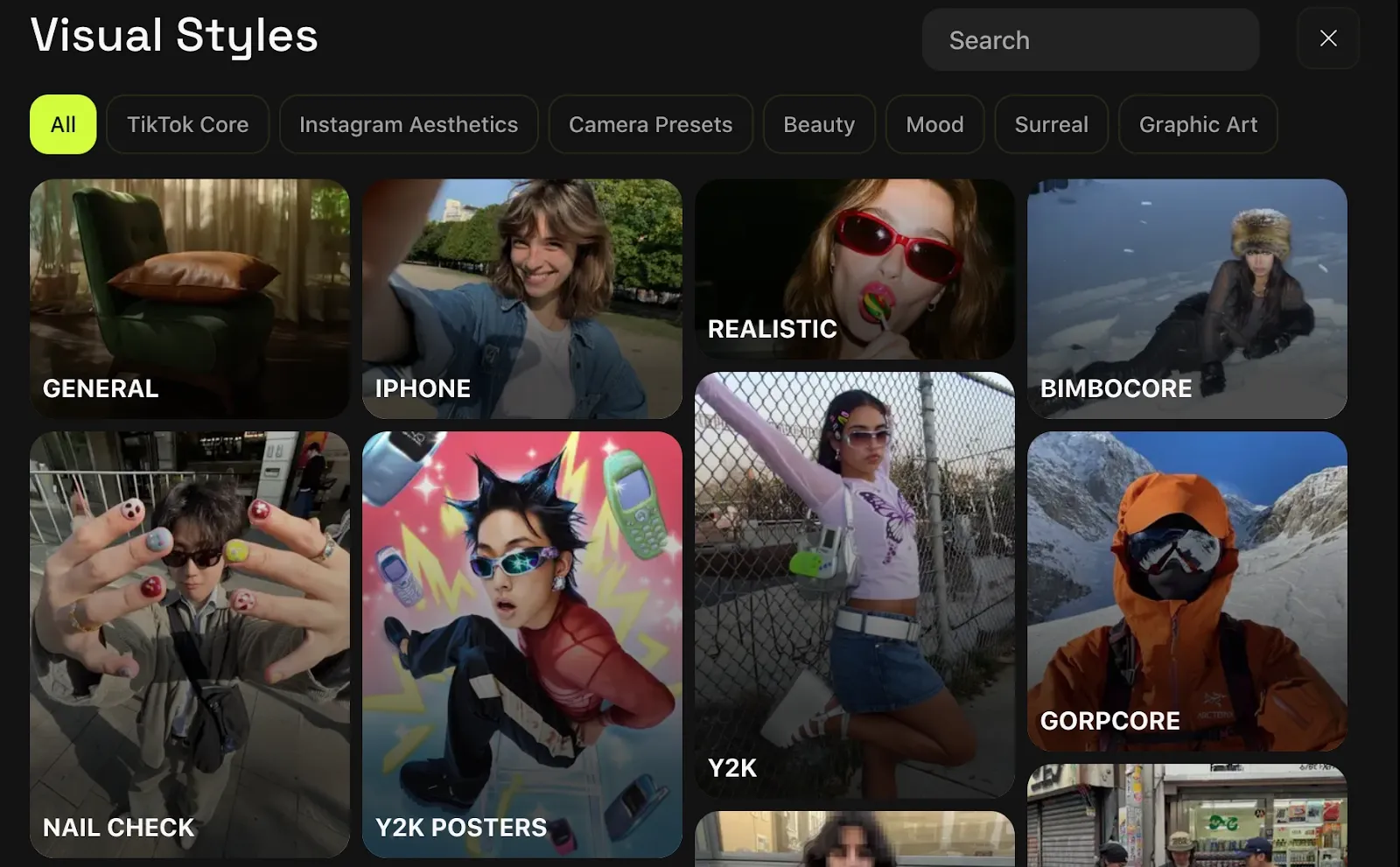 A grid of visual style categories including TikTok, Instagram, and Y2K aesthetics.