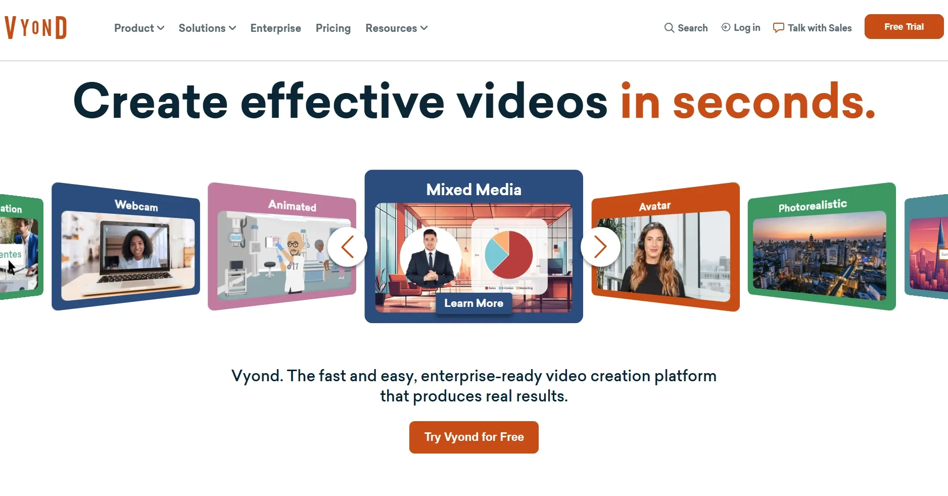 Vyond homepage highlighting fast video creation with mixed media styles