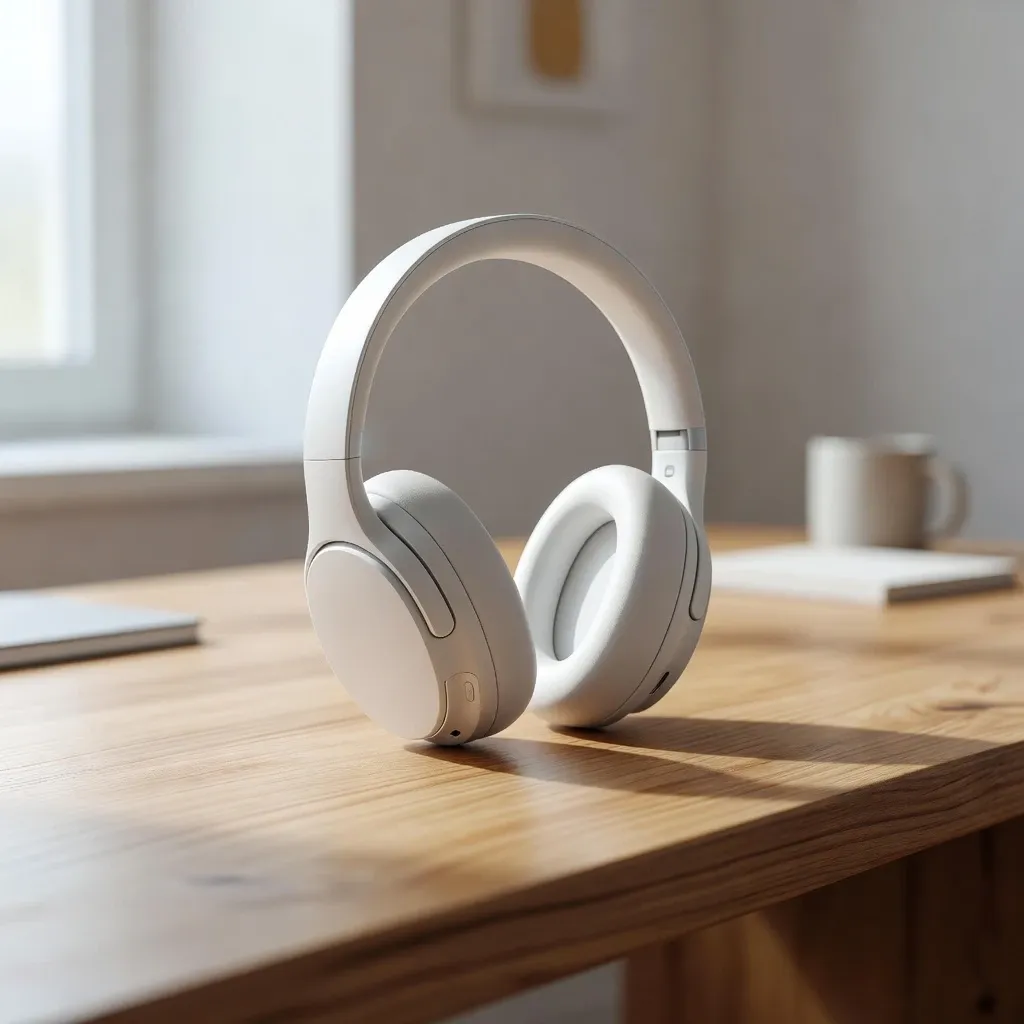 Auriculares inalámbricos blancos minimalistas suprauditivos sobre escritorio de madera con luz natural suave de ventana