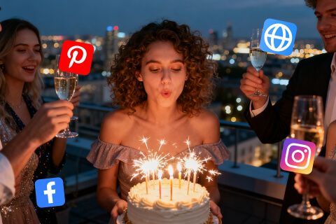 A woman blowing out candles at a nighttime birthday party while friends raise glasses, with city lights and social media icons in the background