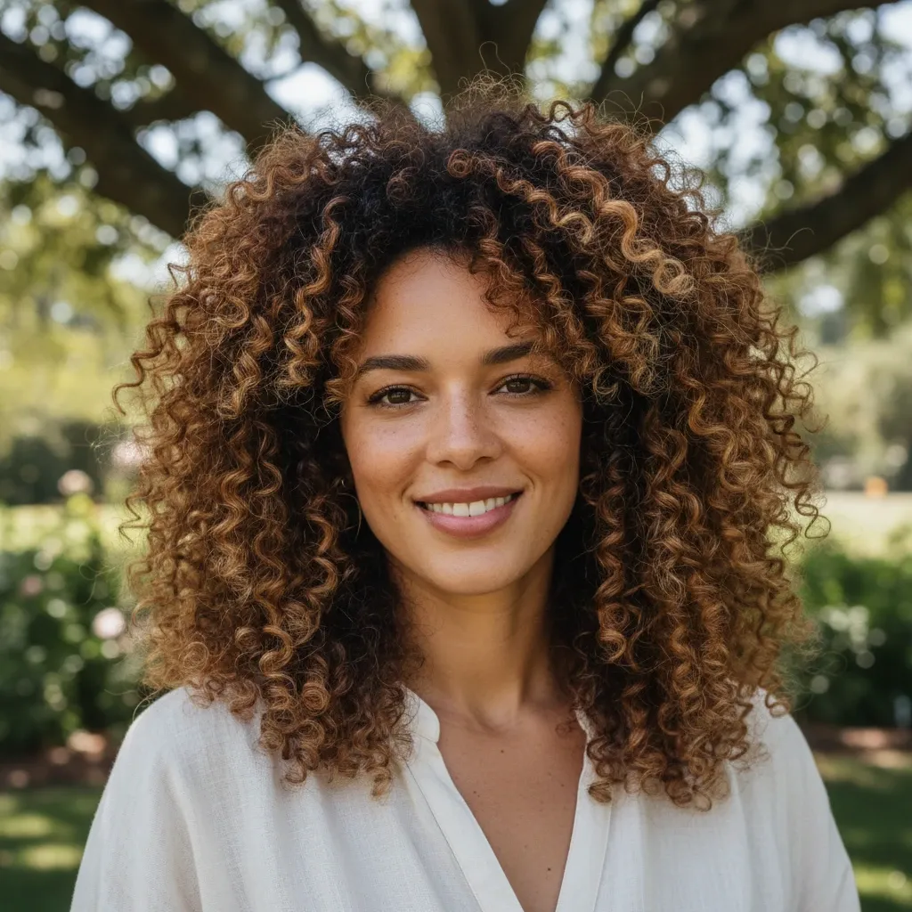 A smiling woman with voluminous curly hair standing outdoors under a tree