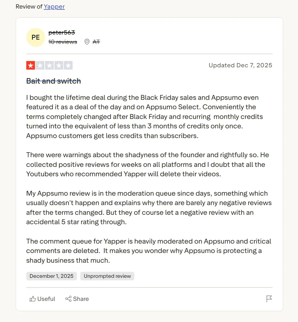 avaliação de usuário sobre o yapper