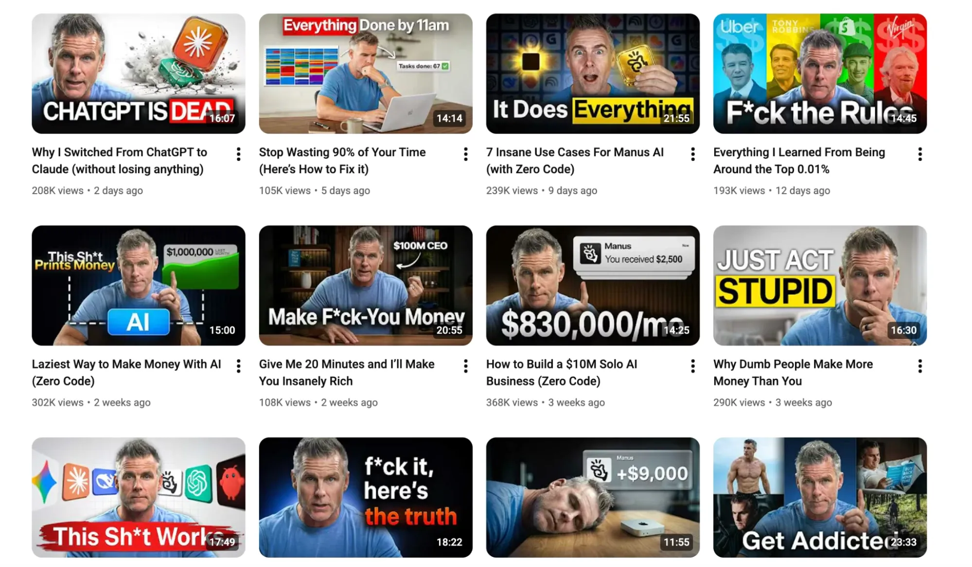 YouTube video thumbnails featuring AI money-making and business content with bold titles