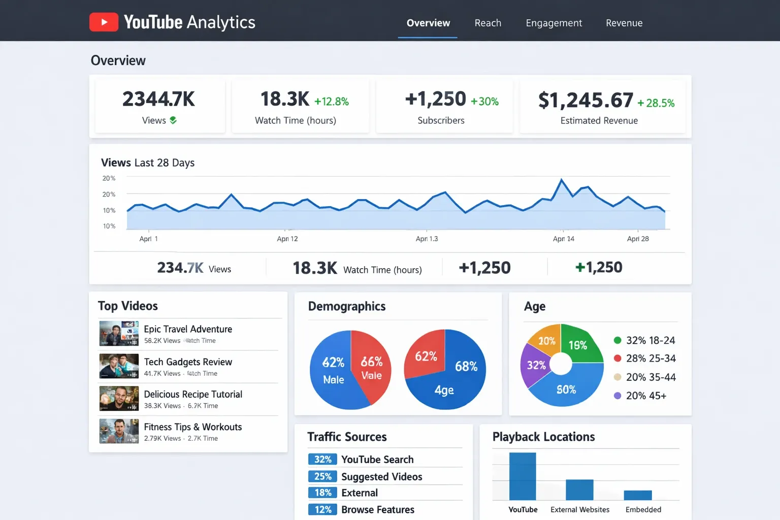 YouTube analytics dashboard overview showing views, subscriber growth, and revenue metrics