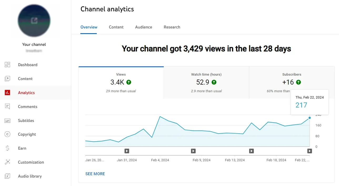 YouTube channel analytics dashboard showing views, watch time, and subscriber growth over the last 28 days