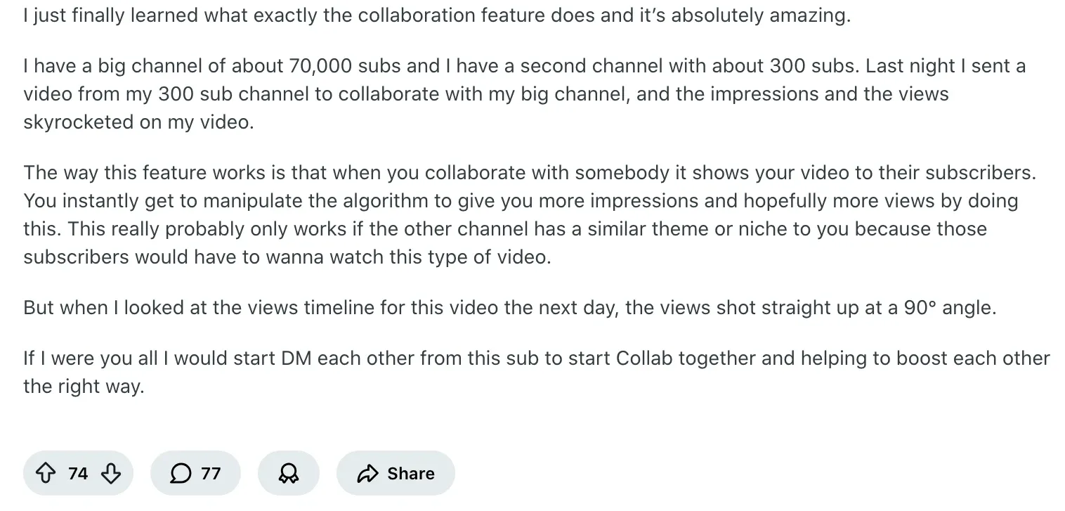 Post explaining how the YouTube collaboration feature boosts video impressions and views