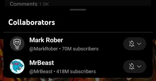Lista de colaboradores de YouTube con los perfiles de los canales de Mark Rober y MrBeast.