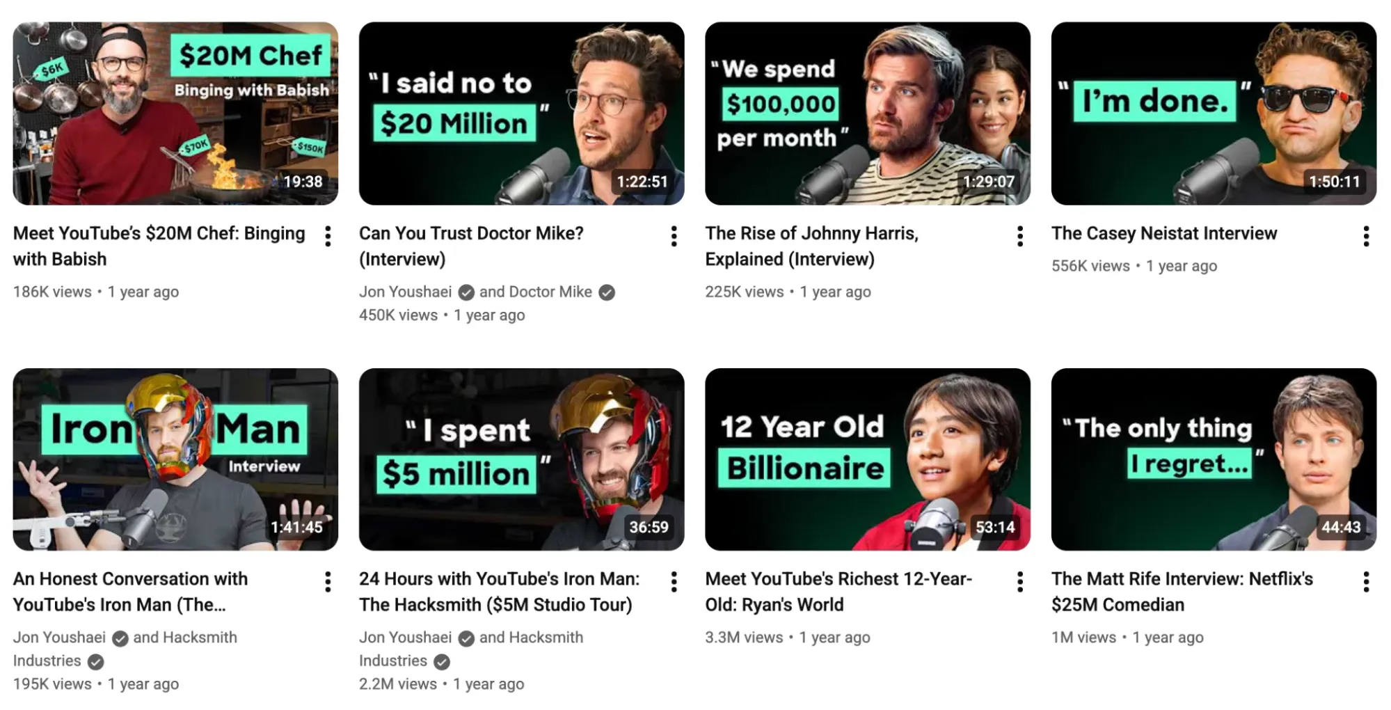 YouTube page showing interview video thumbnails of well-known creators and entrepreneurs