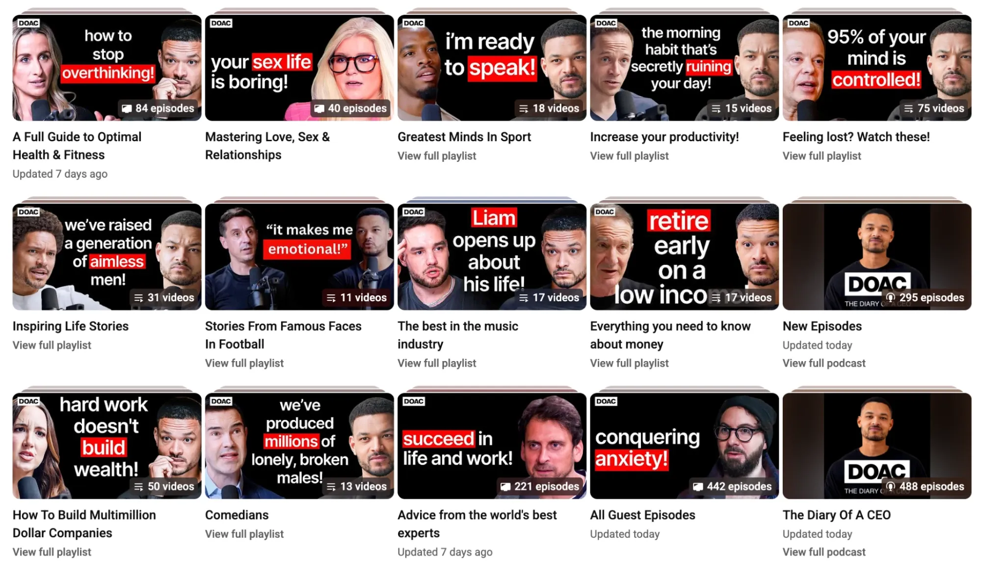 YouTube page showing multiple themed playlists from The Diary of a CEO podcast