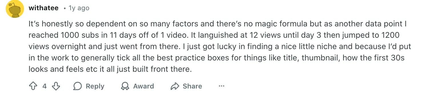 A Reddit comment sharing experience of gaining subscribers quickly from a single video