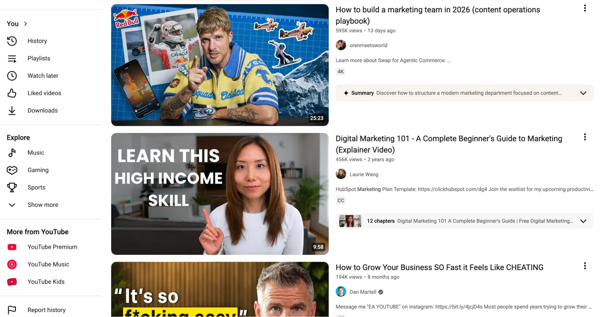 A grid of YouTube video thumbnails featuring podcast interviews with high engagement titles