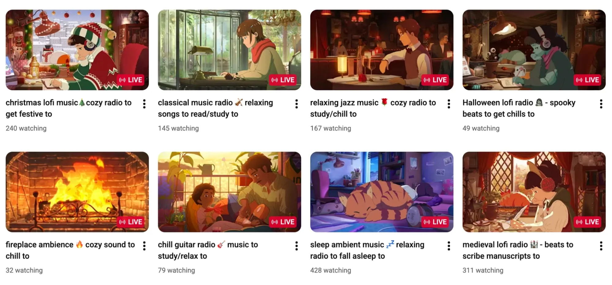 YouTube page displaying multiple lofi music live streams for studying, relaxing, and sleeping