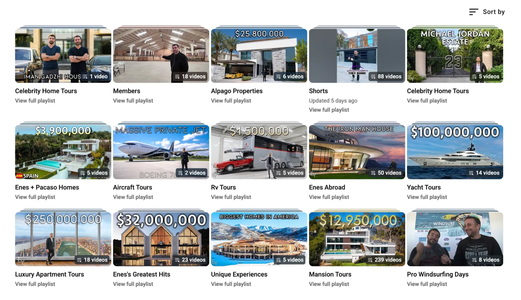 YouTube channel playlists featuring luxury home tours, yachts, and private jet experiences