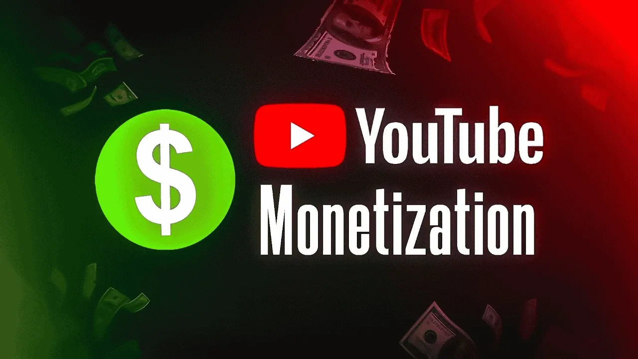 YouTube monetization concept with a dollar symbol and floating banknotes