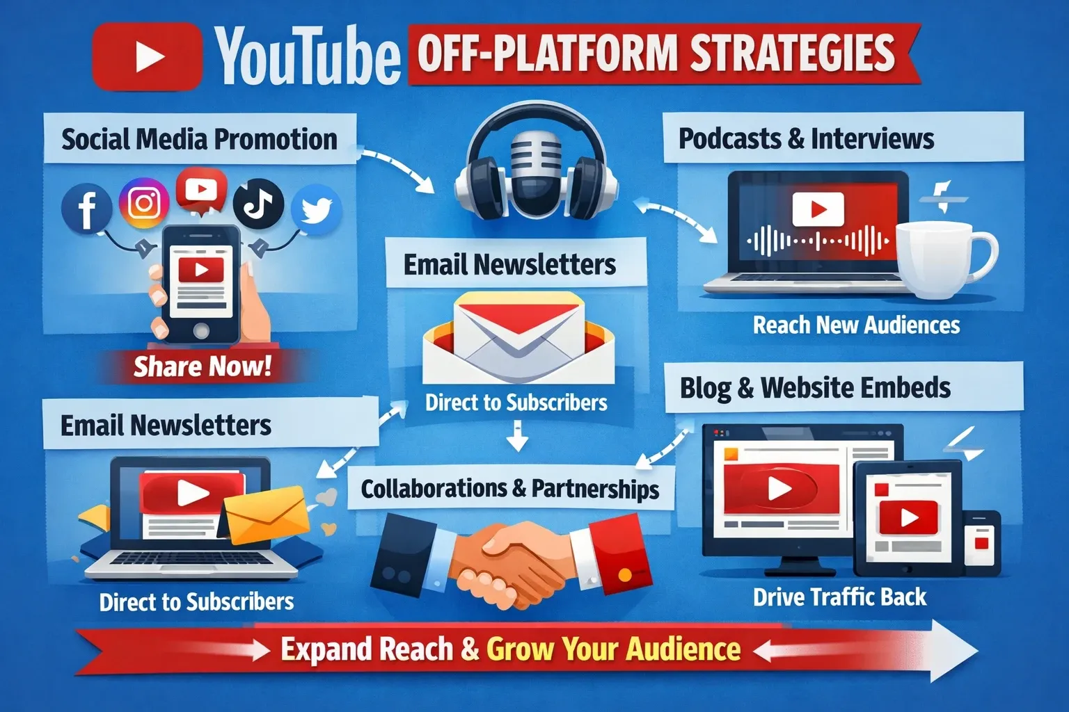 Una infografía que muestra estrategias de promoción de YouTube fuera de la plataforma, como las redes sociales, el email marketing, los podcasts y los widgets de sitio web.