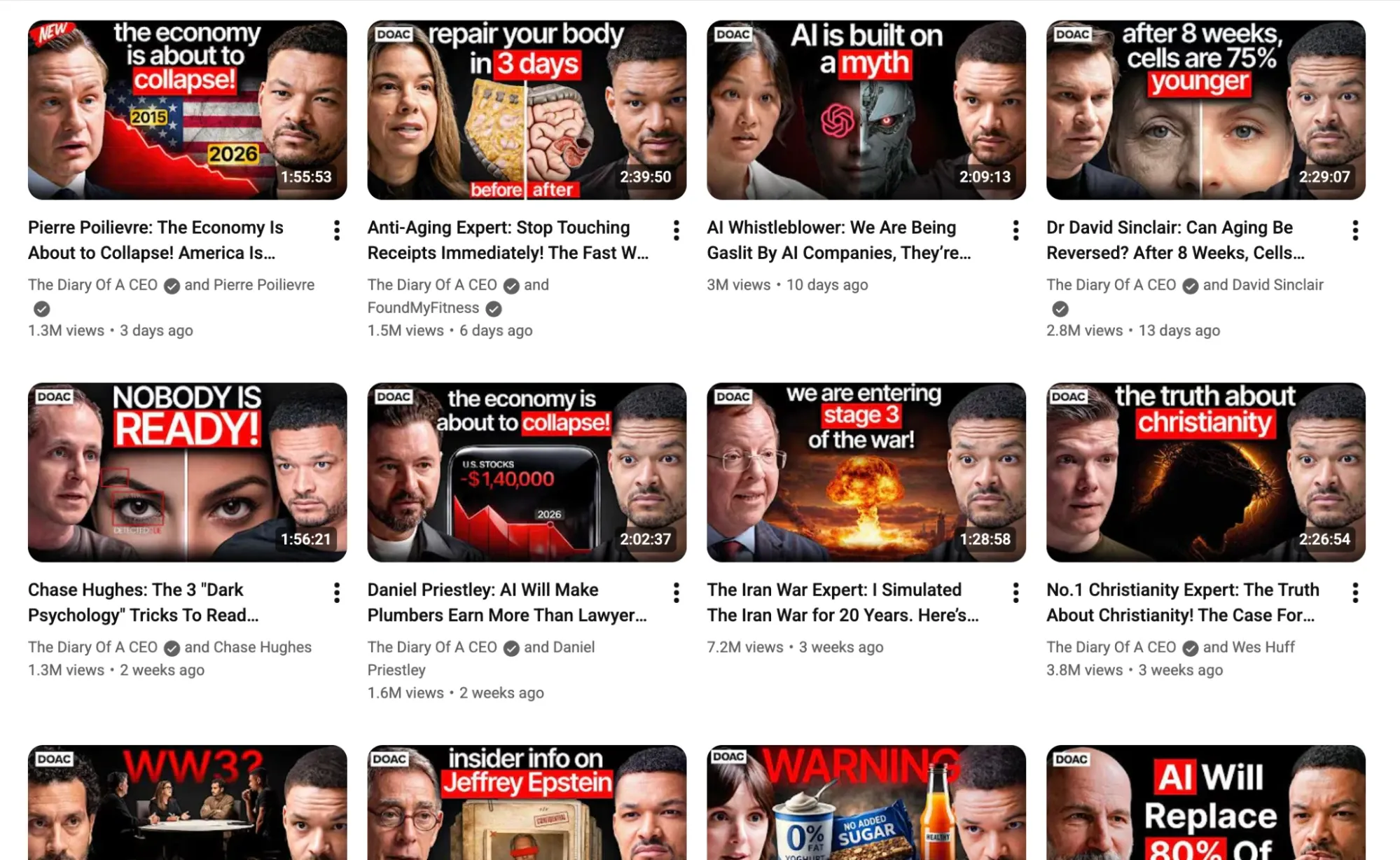 YouTube homepage showing recommended videos related to business and marketing topics