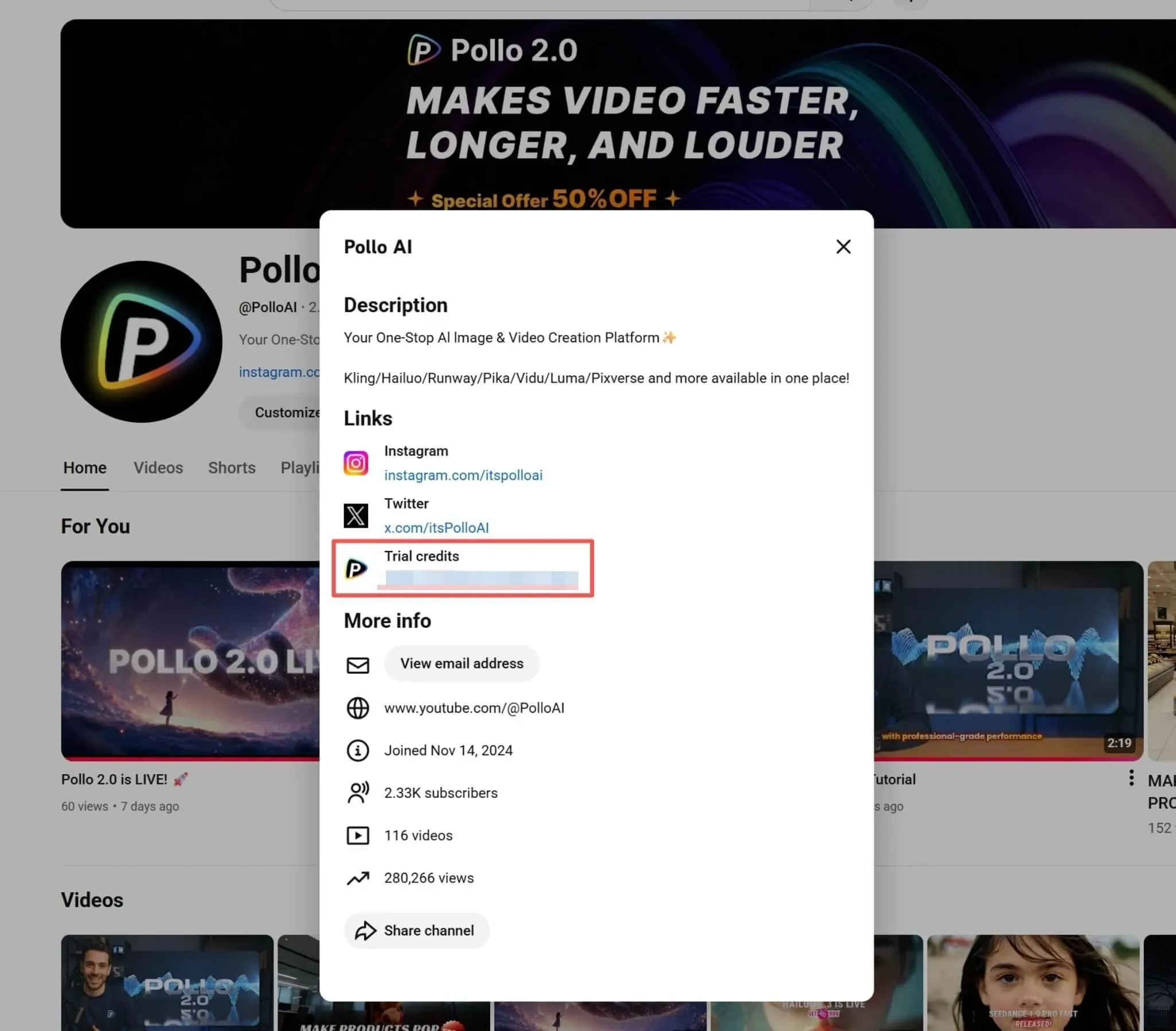 Captura de pantalla de la cuenta YouTube de Pollo AI