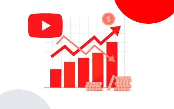 Illustration of YouTube revenue growth and channel monetization with red bar chart and upward arrow