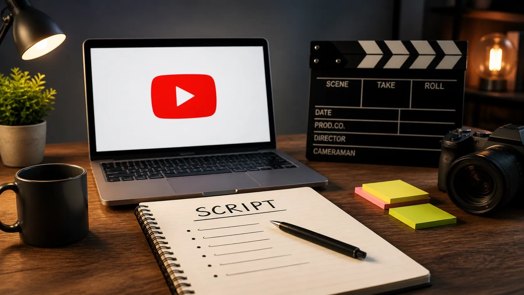 A video script writing workspace with a laptop showing the YouTube logo