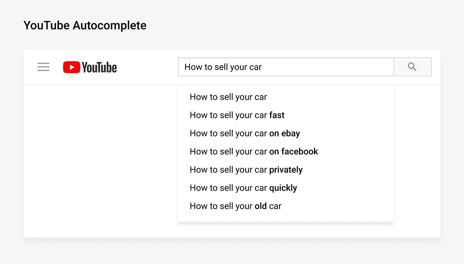 YouTube search autocomplete showing suggestions for the query 