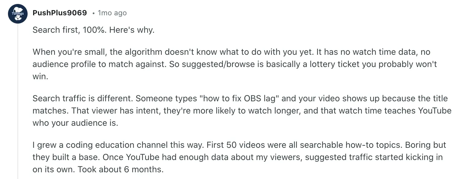 A Reddit post explaining how to grow a YouTube channel using search traffic