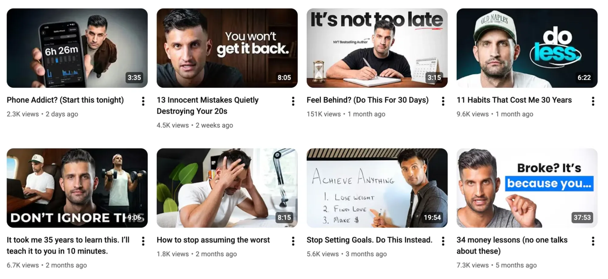 YouTube thumbnails featuring self-improvement and personal development videos