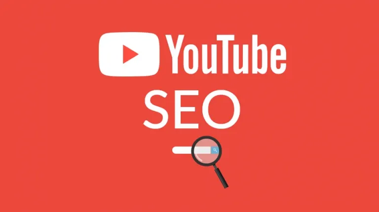 YouTube SEO optimization concept featuring the YouTube logo and a magnifying glass search icon