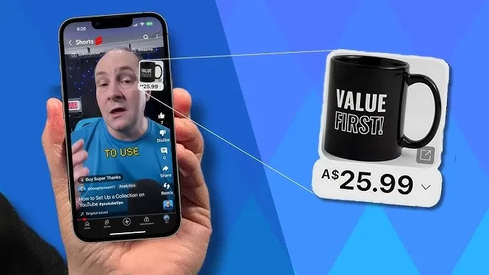 YouTube Shorts video on a smartphone showing a product tag with price